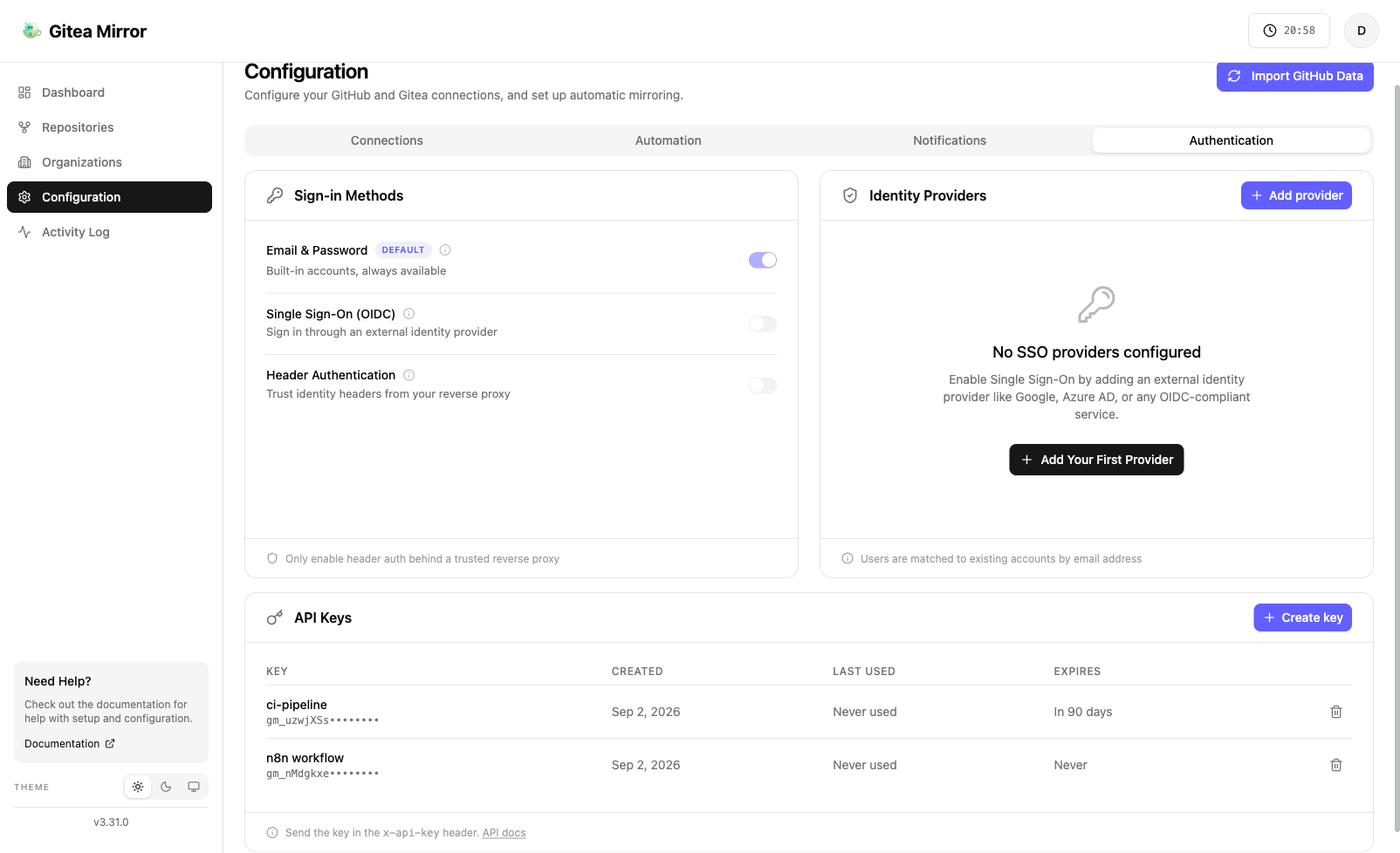 The API Keys card with one key created